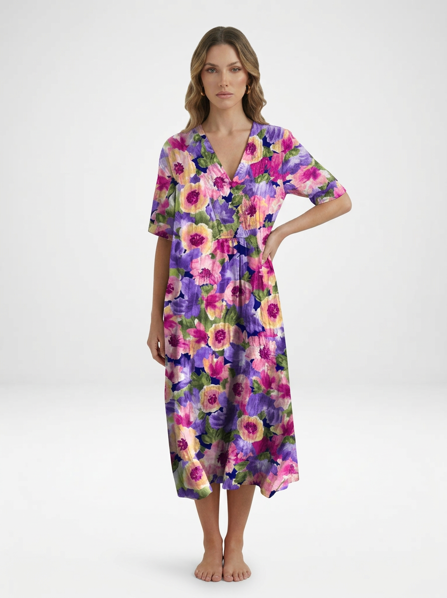 V-Neck Floral Beach Summer Midi Dress