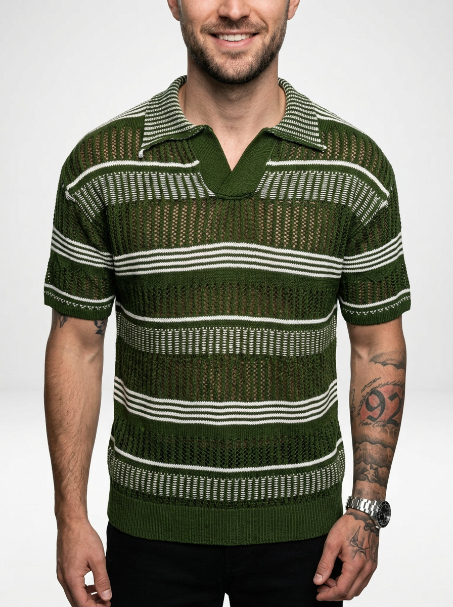 Men’s Striped Knit Polo Shirt with Relaxed Coastal Hollow-Out Design