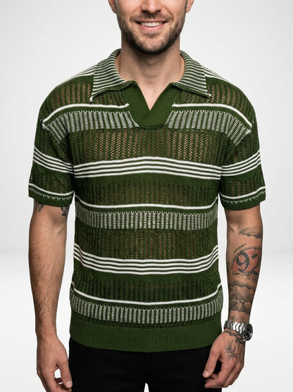 Men’s Striped Knit Polo Shirt with Relaxed Coastal Hollow-Out Design