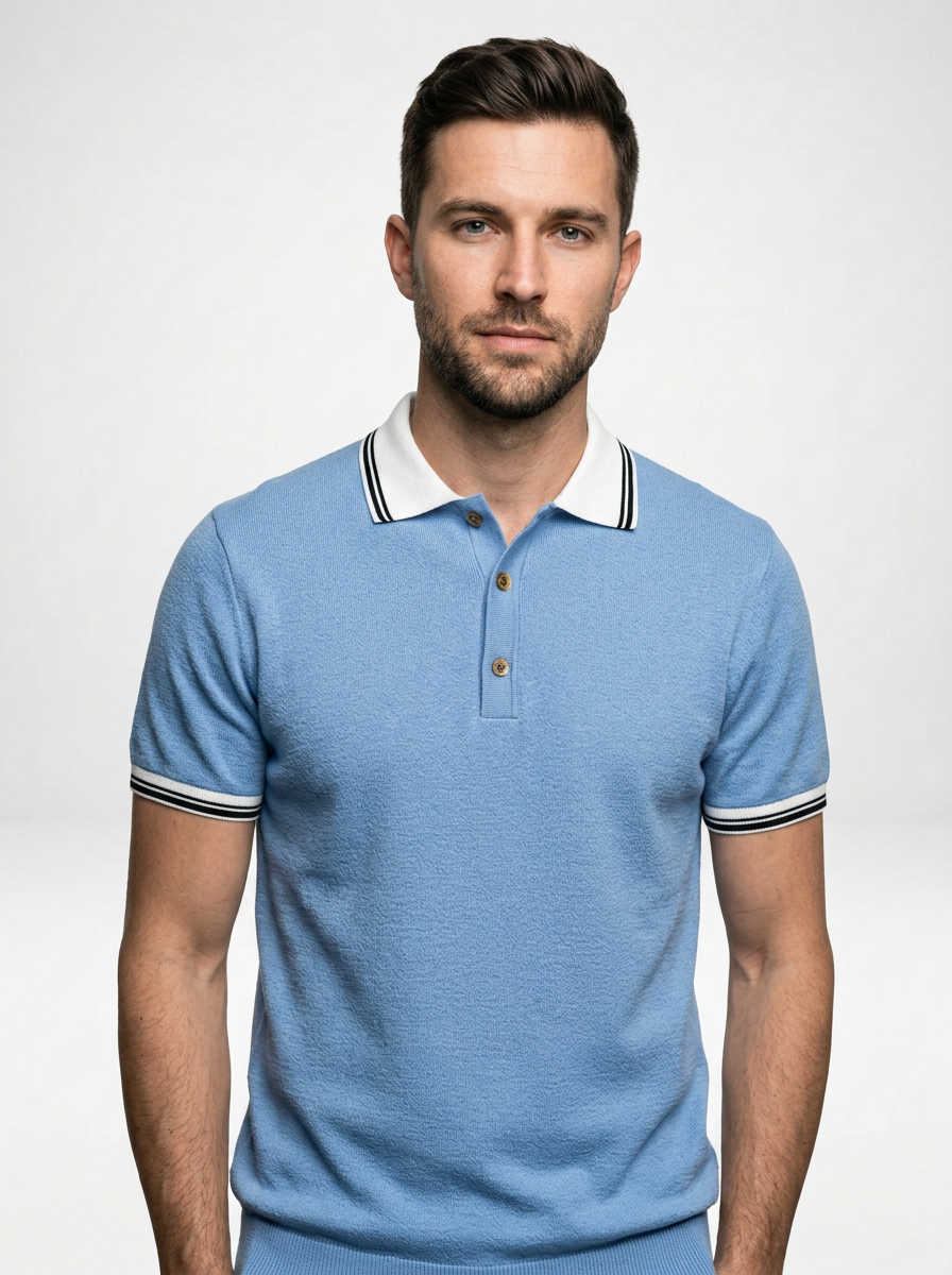 Men’s Short Sleeve Knit Polo Shirt with Colorblock Design