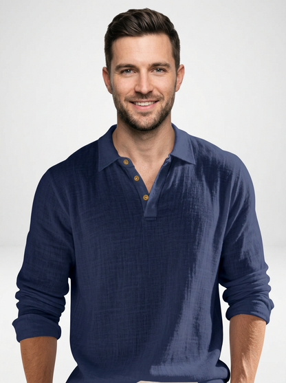 Men’s Relaxed Fit Linen Long Sleeve Polo Shirt