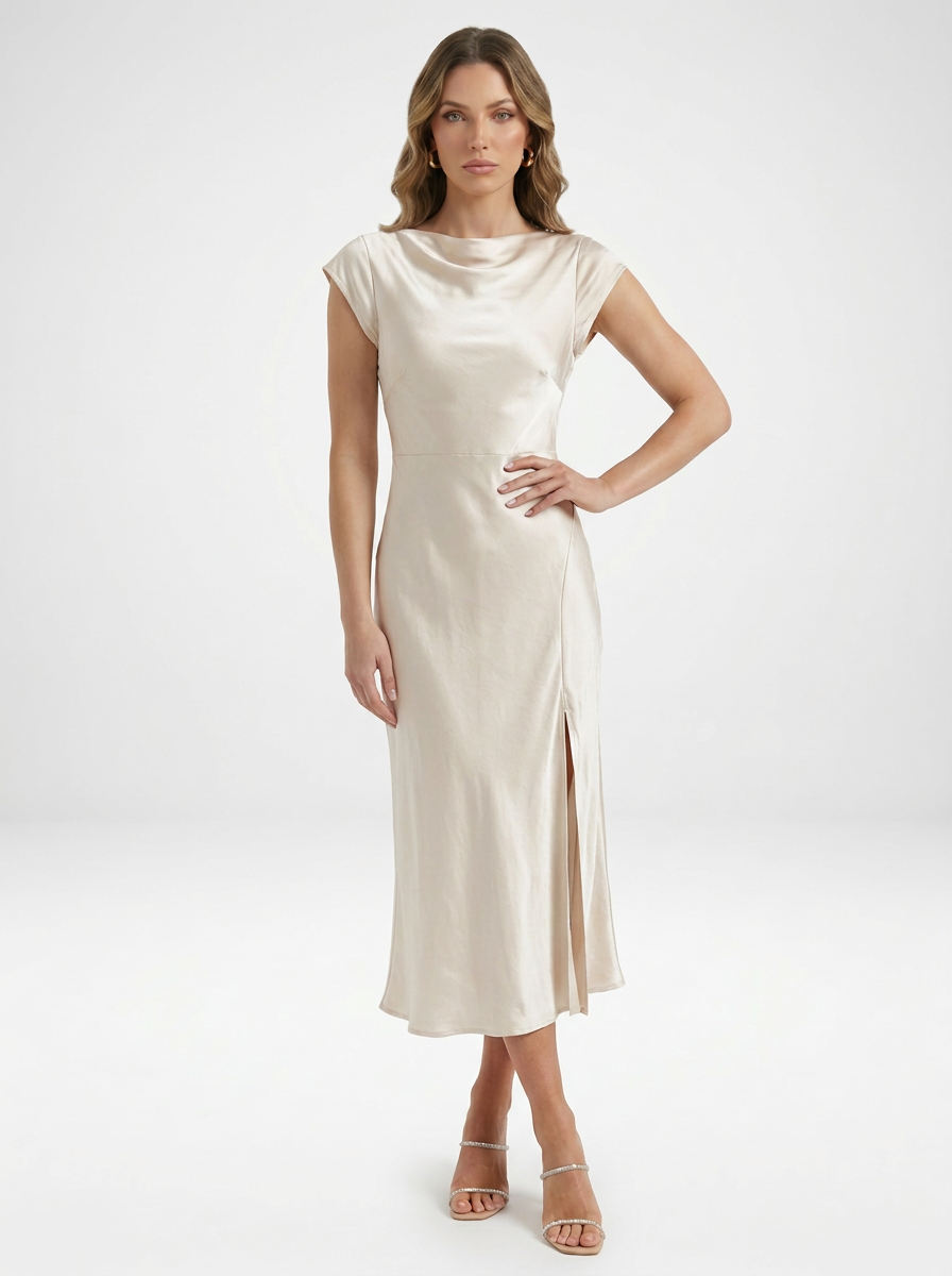 Cap Sleeve Satin Midi Cocktail Dress