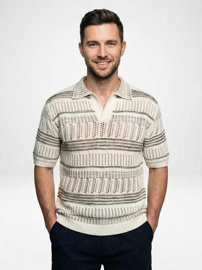Men’s Striped Knit Polo Shirt with Relaxed Coastal Hollow-Out Design