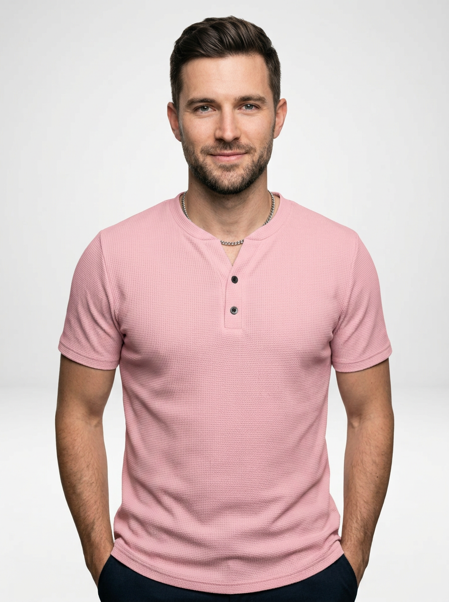 Men’s Short Sleeve Henley Tee Featuring Notched Collar and Button Accents