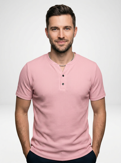 Men’s Short Sleeve Henley Tee Featuring Notched Collar and Button Accents