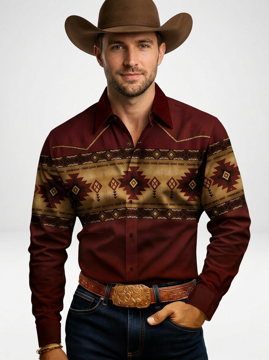 Men’s Retro Geometric Print Western Long Sleeve Cowboy Shirt