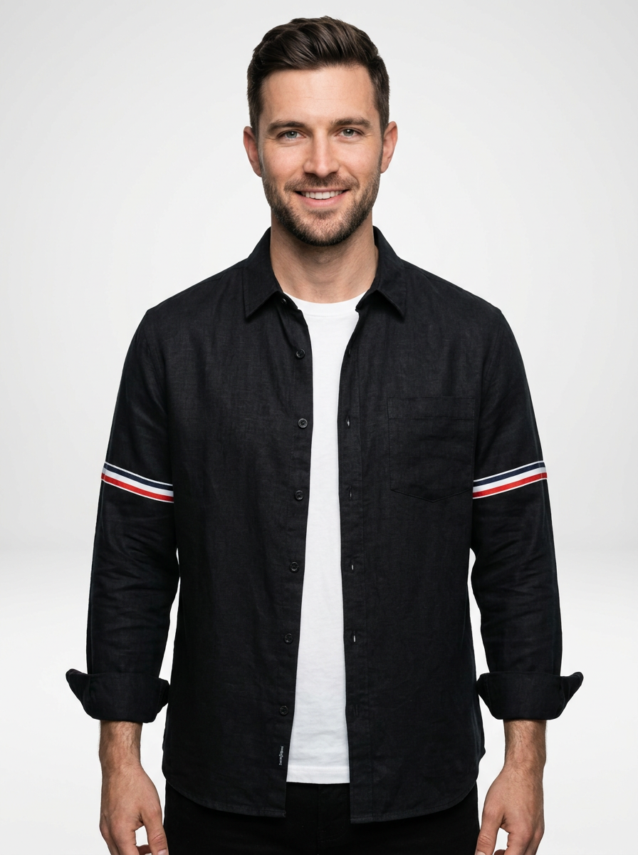 Men’s Minimal Linen Button Down Shirt with Contrast Sleeve Stripes