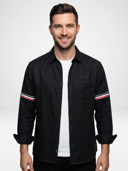 Men’s Minimal Linen Button Down Shirt with Contrast Sleeve Stripes