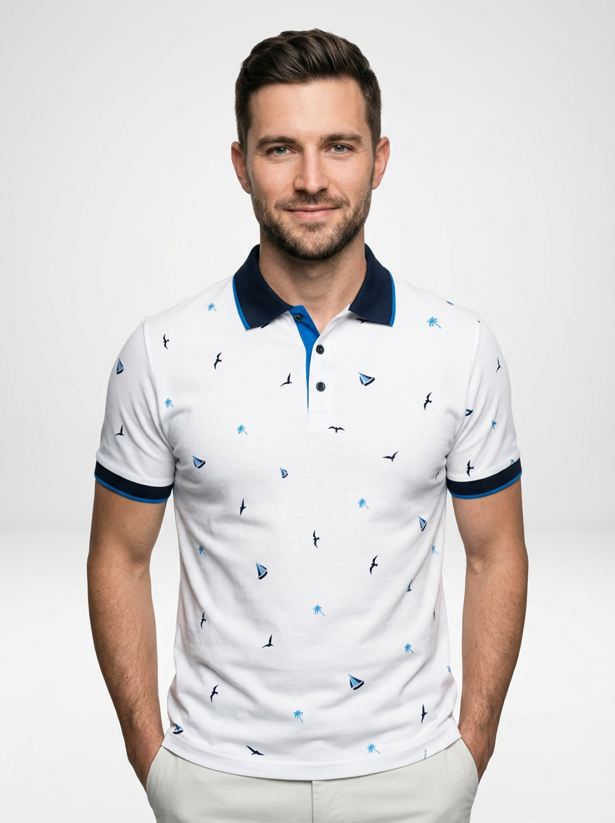 Men’s Short Sleeve Polo Shirt with All-Over Print and Contrast Trim