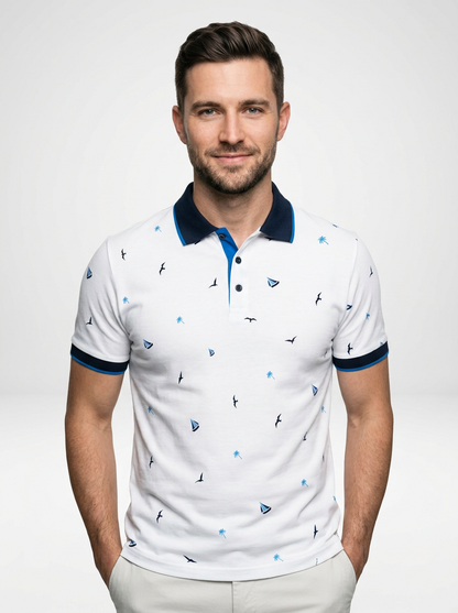 Men’s Short Sleeve Polo Shirt with All-Over Print and Contrast Trim