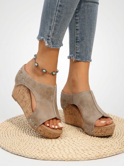 Rivet Detail Cork Wedge Slide Sandals