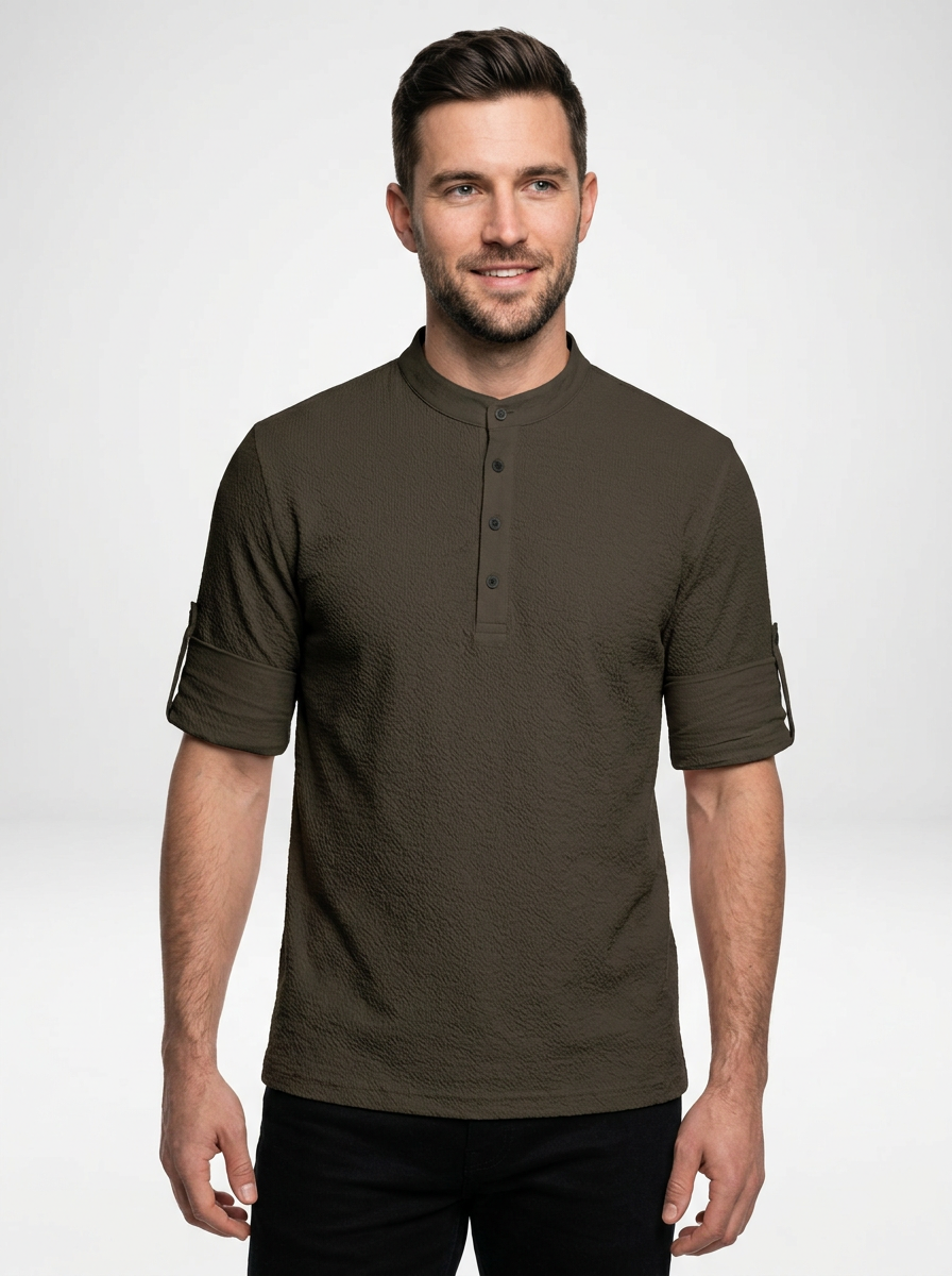 Men’s Long Sleeve Henley Stand Collar Button Shirt