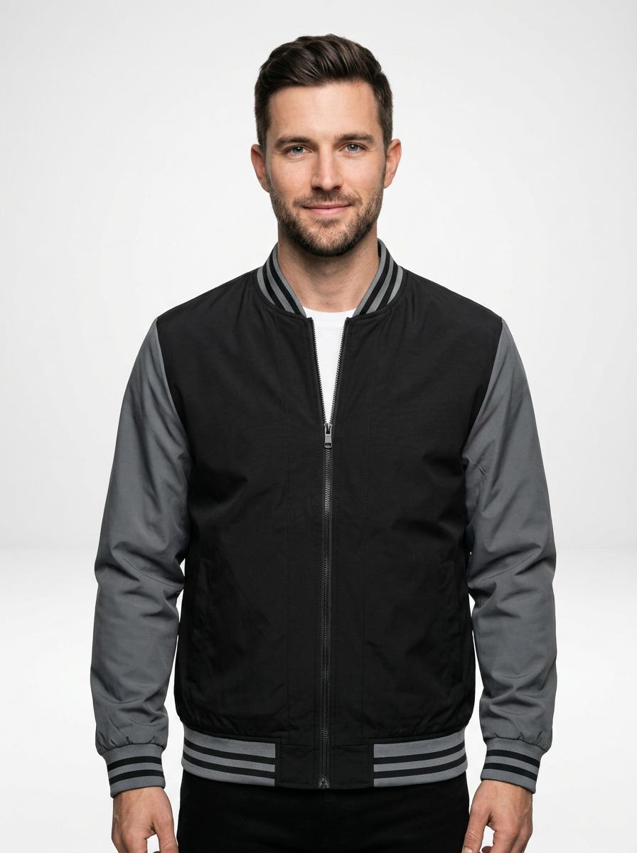 Men’s Color Block Striped Trim Bomber Jacket