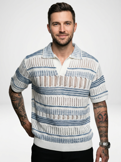Men’s Striped Knit Polo Shirt with Relaxed Coastal Hollow-Out Design