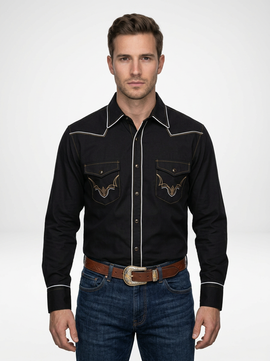Men’s Traditional Black Cowboy Shirt with Chest Embroidery