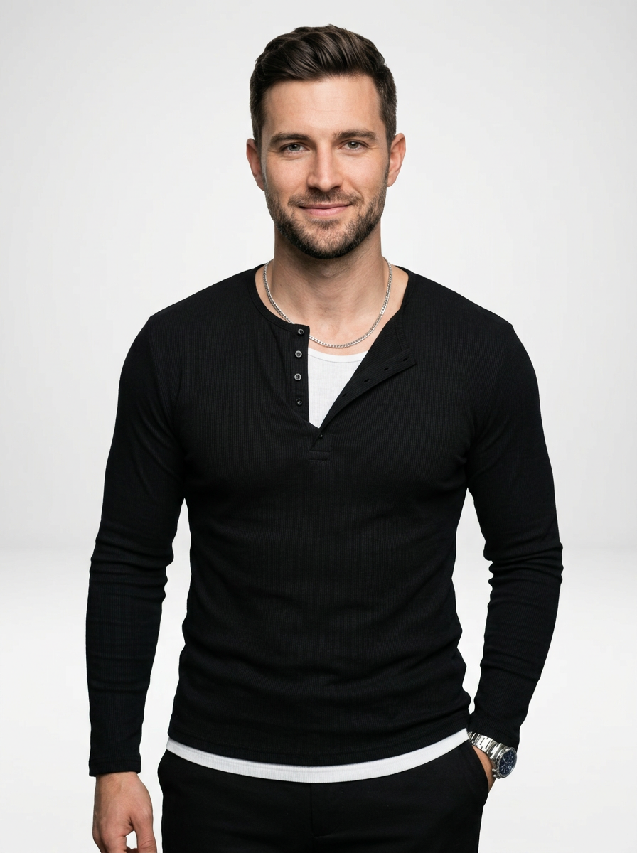 Men’s Ribbed Long-Sleeve Henley Shirt Featuring a Partial Button Front
