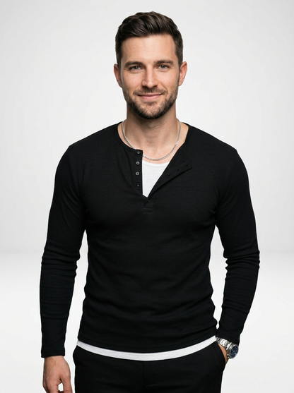 Men’s Ribbed Long-Sleeve Henley Shirt Featuring a Partial Button Front