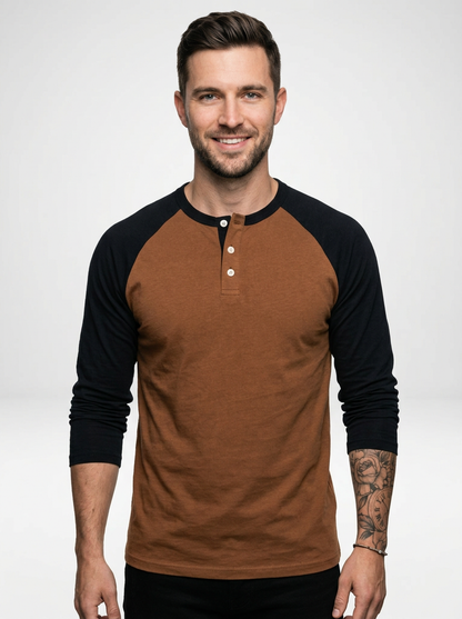 Men’s Long Sleeve Henley Shirt with Contrast Raglan Sleeves