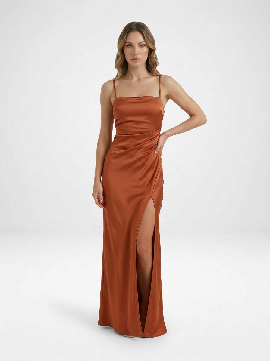 Satin Slip Thigh High Slit Maxi Cocktail Dress