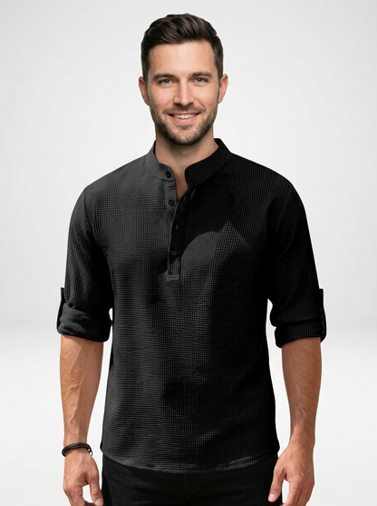 Men’s Long Sleeve Henley Stand Collar Button Shirt