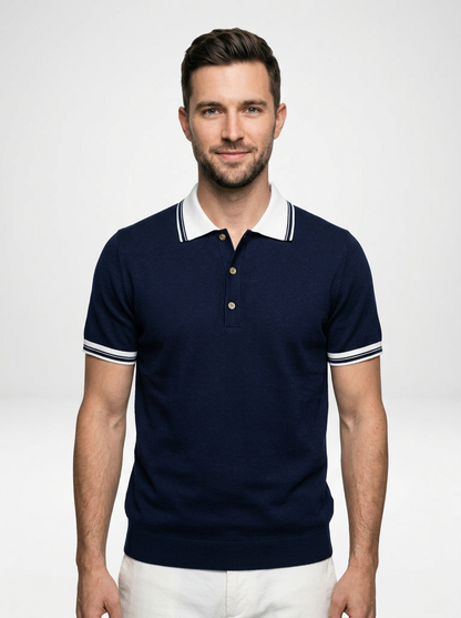 Men’s Short Sleeve Knit Polo Shirt with Colorblock Design