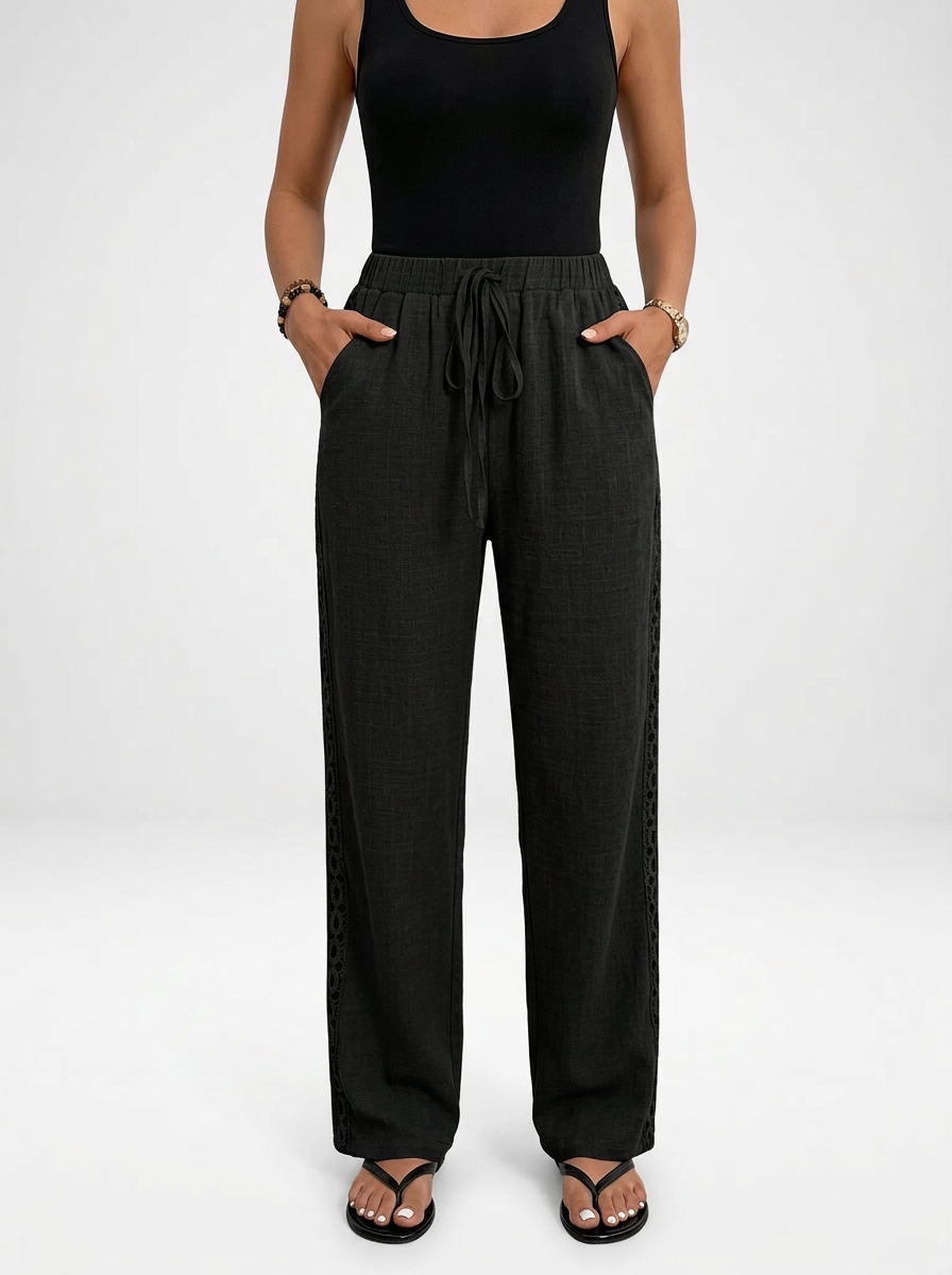 Women's Linen Blend Wide Leg Pants With Lace Hem
