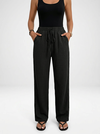 Women's Linen Blend Wide Leg Pants With Lace Hem