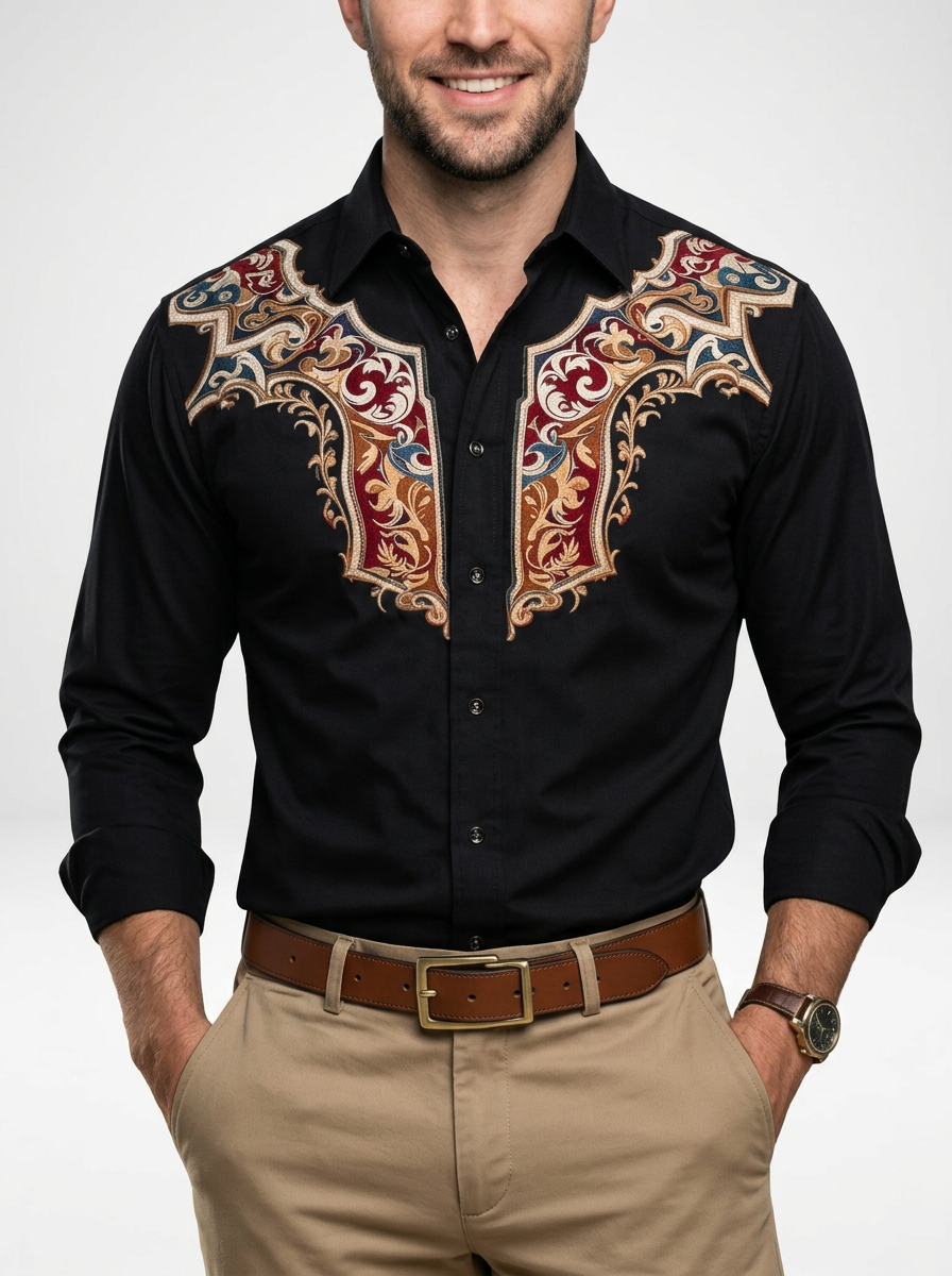 Men’s Retro Western Embroidered Long Sleeve Cowboy Shirt