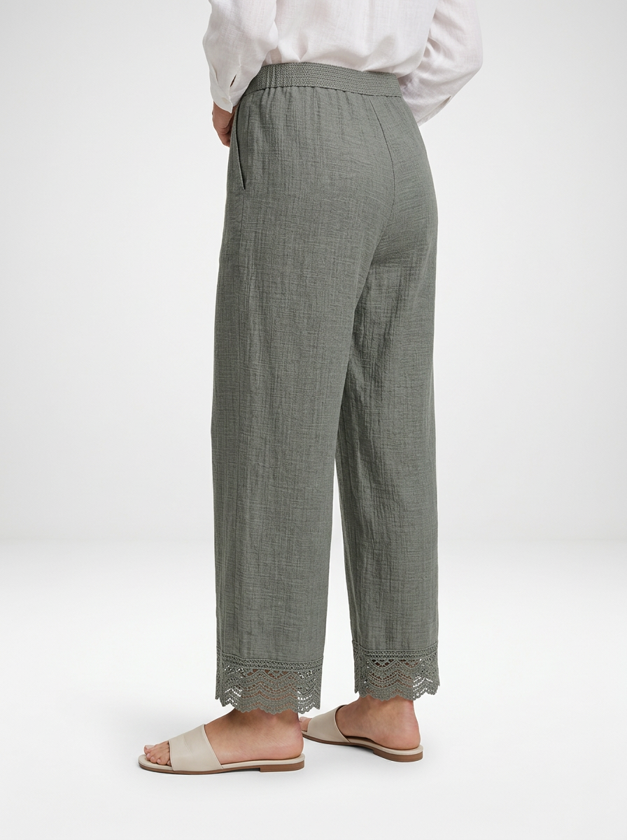 Women's Linen Blend Wide Leg Pants With Lace Hem