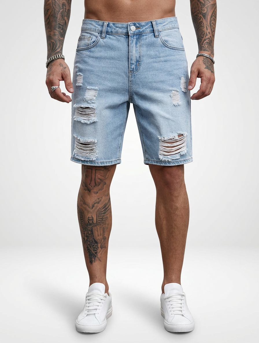 Casual Denim Jeans Shorts for Men Distressed Finish
