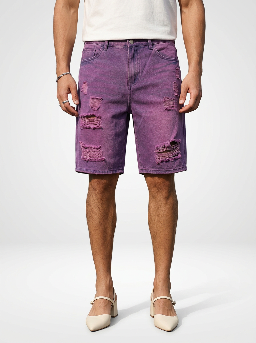Casual Denim Jeans Shorts for Men Distressed Finish