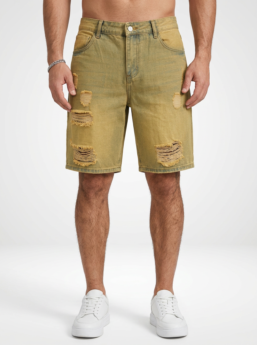 Casual Denim Jeans Shorts for Men Distressed Finish