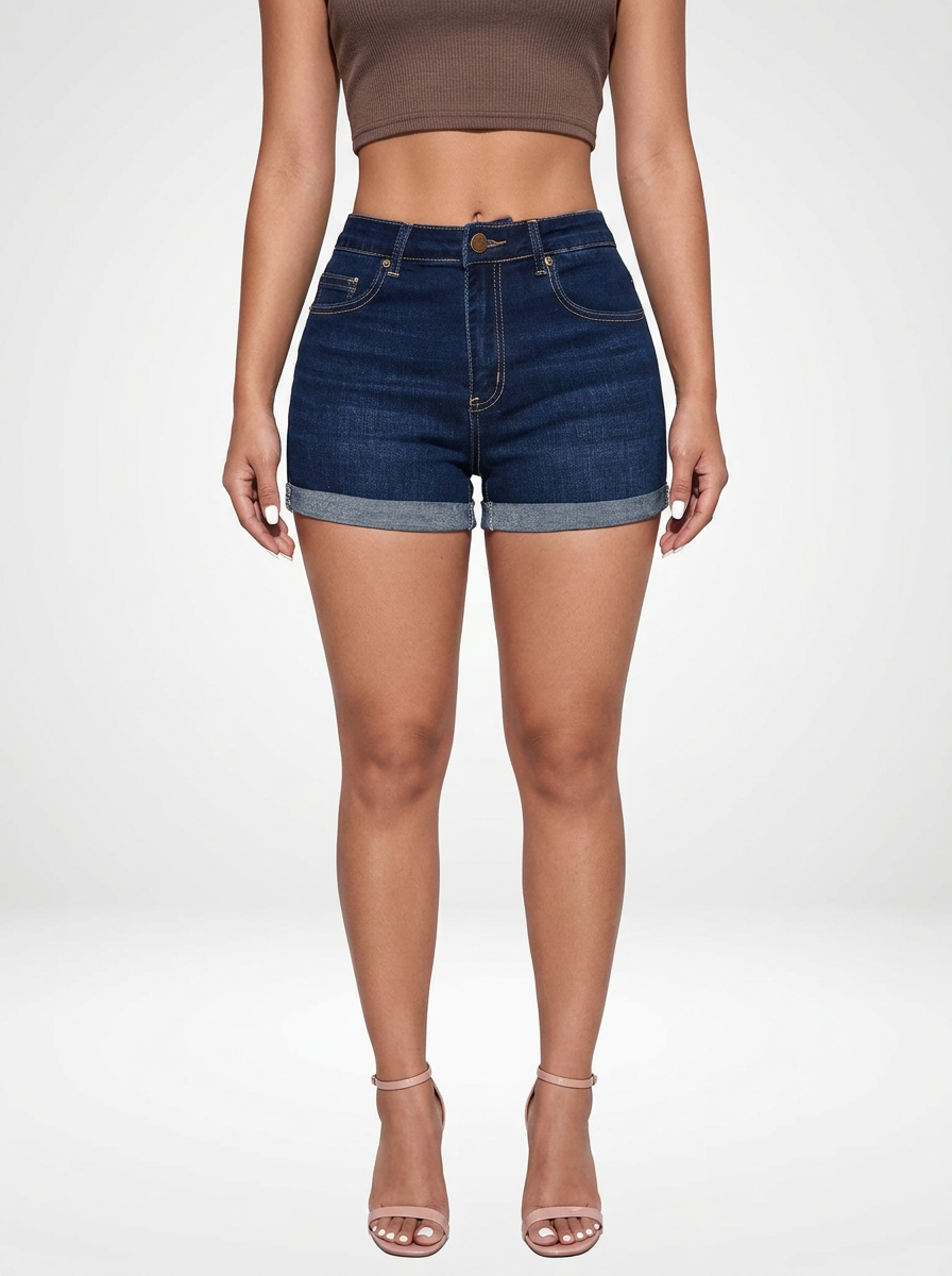Cuffed Hem Denim Jeans Shorts for Women High Stretch Fit