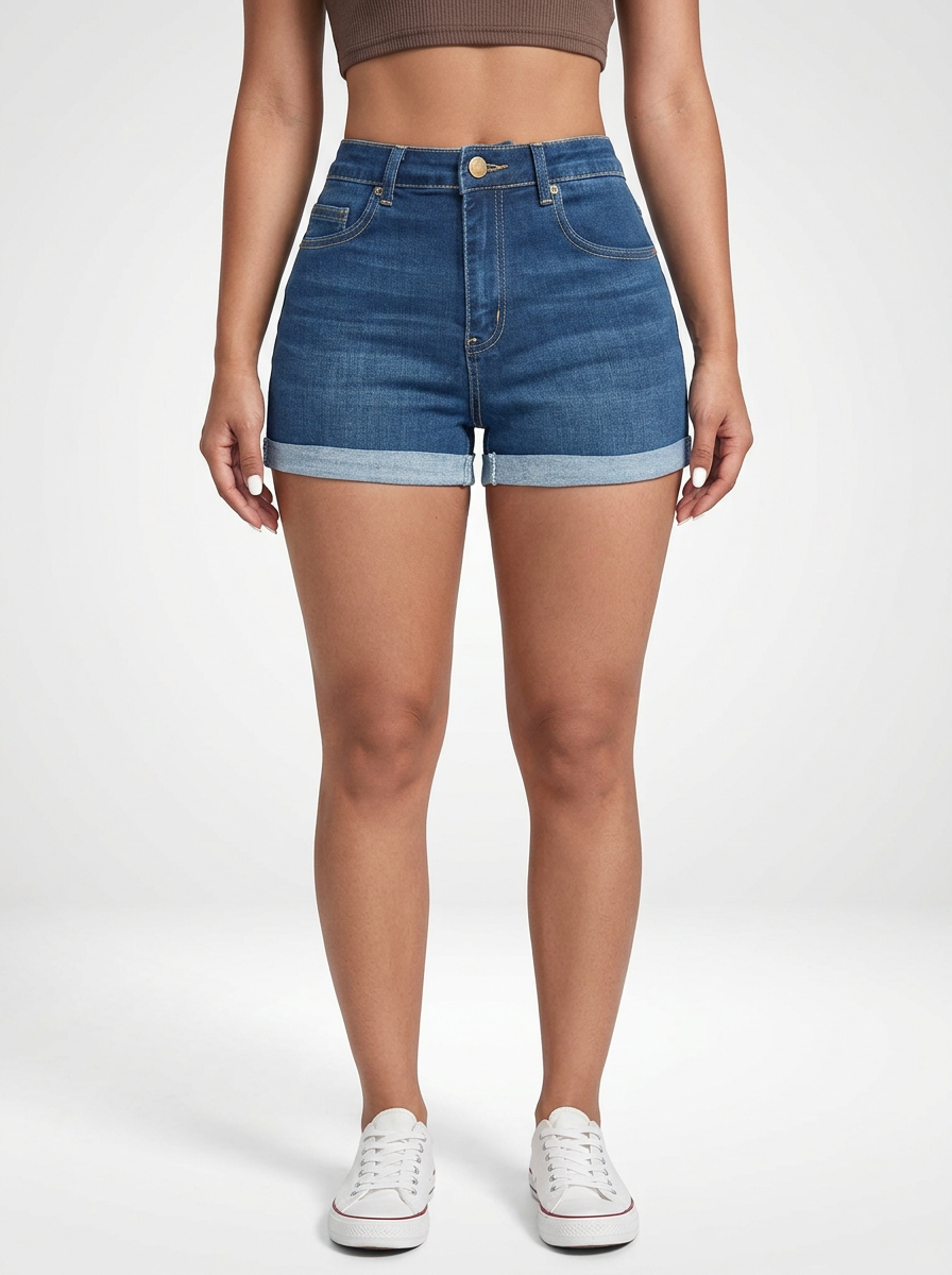 Cuffed Hem Denim Jeans Shorts for Women High Stretch Fit