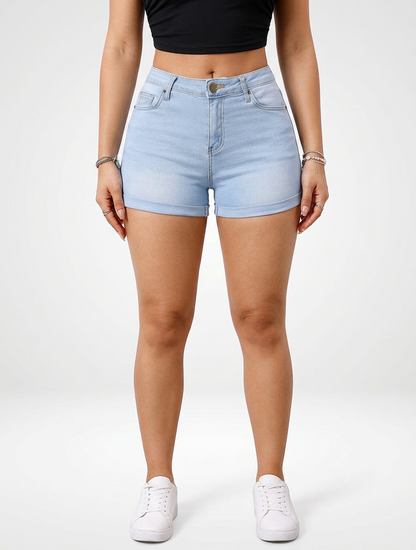 Cuffed Hem Denim Jeans Shorts for Women High Stretch Fit