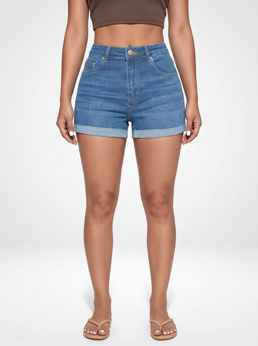 Cuffed Hem Denim Jeans Shorts for Women High Stretch Fit