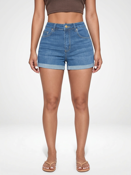 Cuffed Hem Denim Jeans Shorts for Women High Stretch Fit