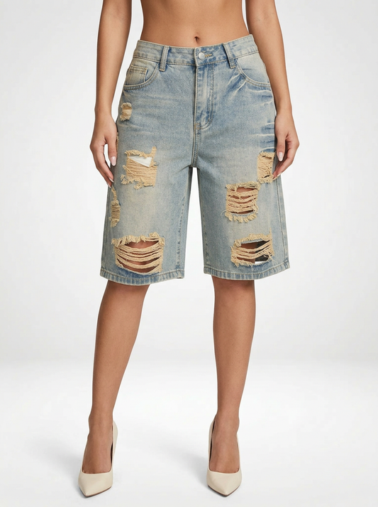 Denim Shorts for Women Distressed Bermuda Length Straight Leg