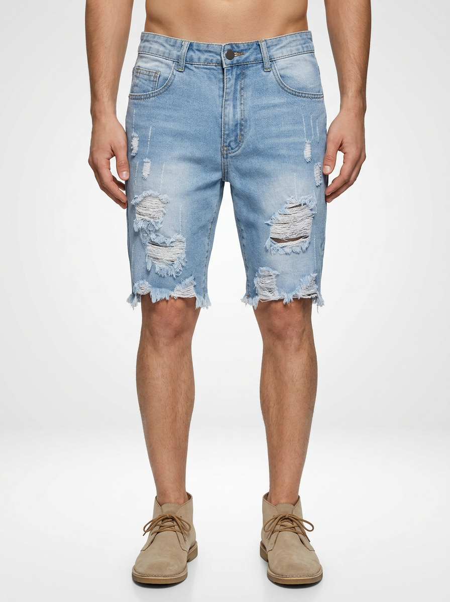 Men’s Distressed Denim Jeans Shorts Raw Hem Skinny Fit