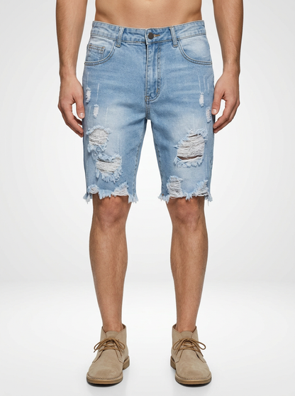 Men’s Distressed Denim Jeans Shorts Raw Hem Skinny Fit