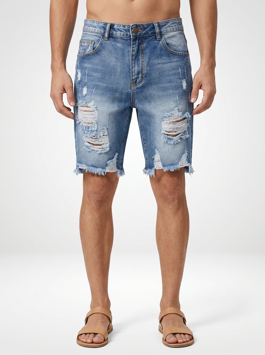 Men’s Distressed Denim Jeans Shorts Raw Hem Skinny Fit