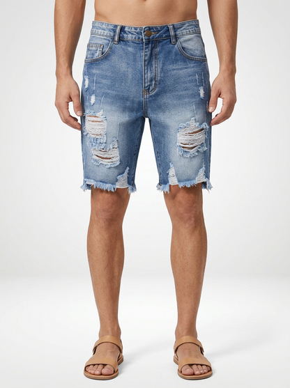 Men’s Distressed Denim Jeans Shorts Raw Hem Skinny Fit