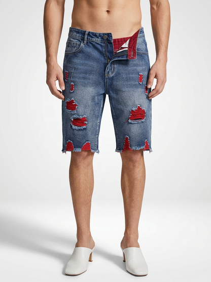 Men’s Distressed Denim Jeans Shorts Raw Hem Skinny Fit