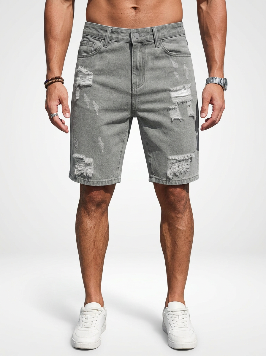 Men’s Distressed Denim Jeans Shorts Straight Cut