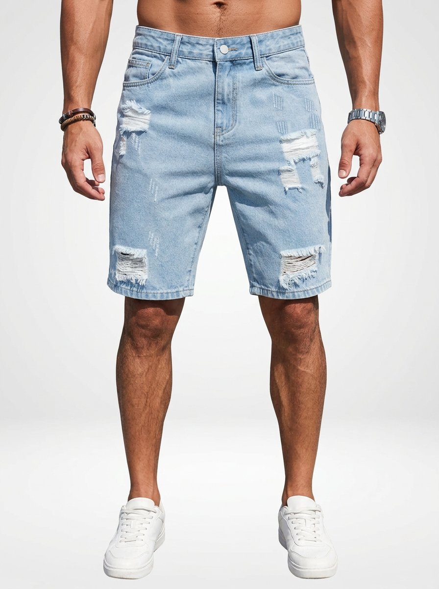 Men’s Distressed Denim Jeans Shorts Straight Cut