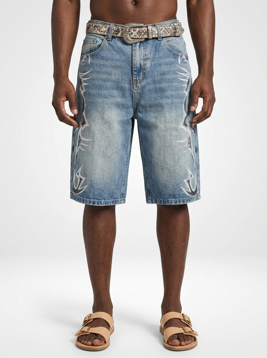 Men’s Loose Cut Denim Jeans Shorts Graphic Style