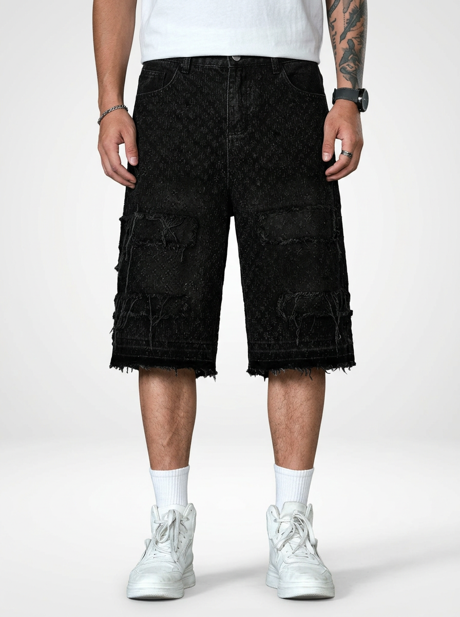 Men’s Relaxed Wide Denim Jeans Shorts Raw Hem