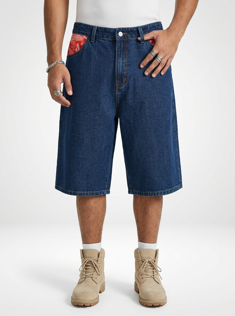 Men’s Relaxed Wide Denim Jeans Shorts Raw Hem