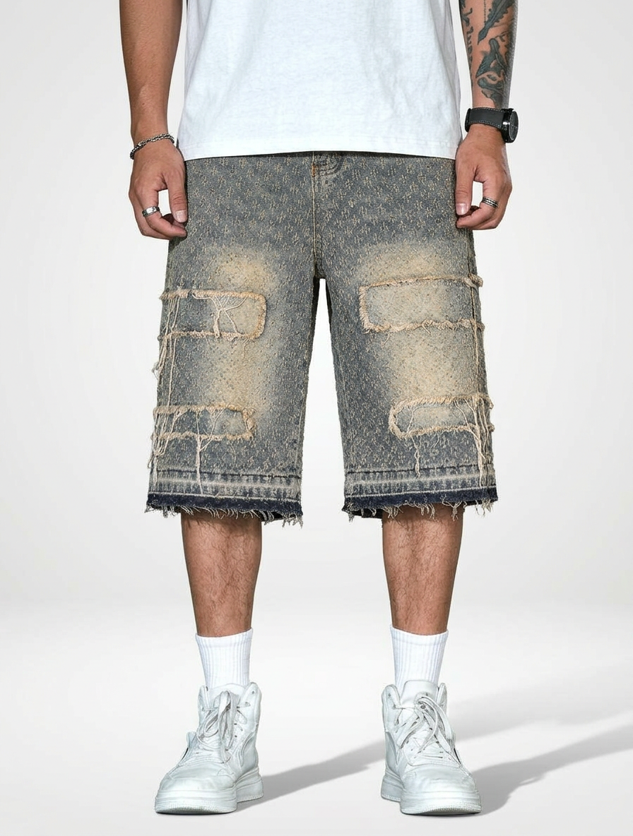 Men’s Relaxed Wide Denim Jeans Shorts Raw Hem