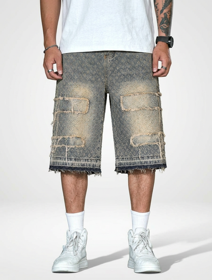 Men’s Relaxed Wide Denim Jeans Shorts Raw Hem